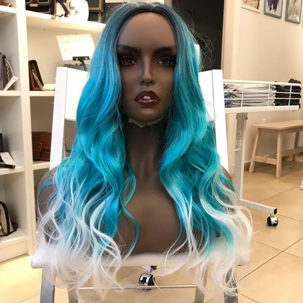 Human hair blend green mix blue with white wig - Picture 2 of 8